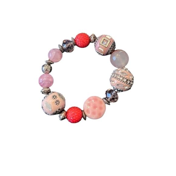 NWT Angelas Designs handmade stretchy Pink silver beaded bracelet - Picture 1 of 11